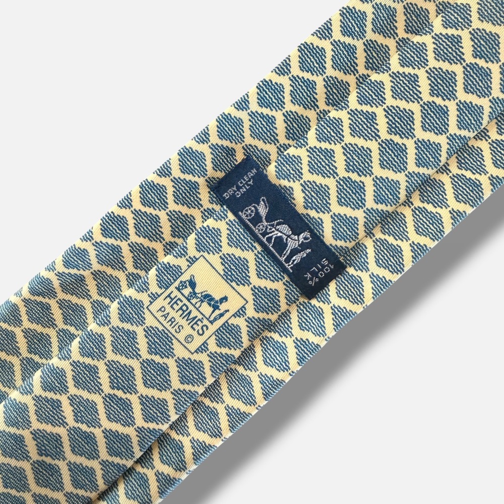 Hermes Necktie Mens Blue Yellow Geometric Diamond Silk 5088 PA Made in France